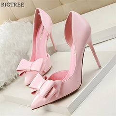 Side Hollow Soft Leather Bowtie Pointed Toe High Heels