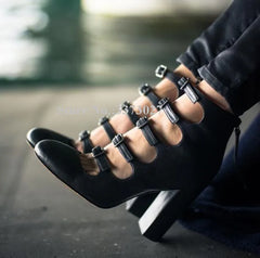 Black Leather Buckles Chunky Heels