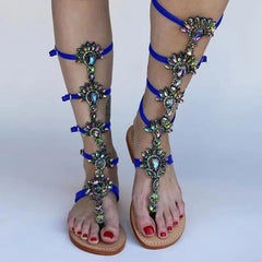 Flat Gladiator Gold Rhinestone Knee High Buckle Strap Sandals