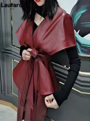 Faux Leather Red Wine Cape Shawl Jacket