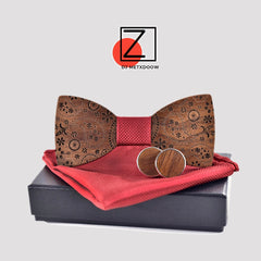 Wooden Bowtie with Cufflinks and Handkerchief