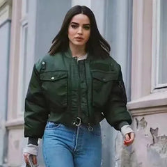 Stylish Green Long Sleeve Zipper Bomber