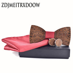 Wooden Bowtie with Cufflinks and Handkerchief