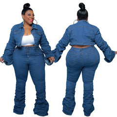 Denim Plus Size Sets Women 2 Piece Set Puff Long Sleeve Jacket Stretch Stacked Jeans