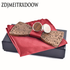 Wooden Bowtie with Cufflinks and Handkerchief