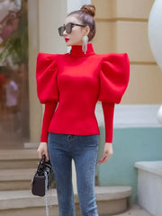 Sexy Long Puff Sleeve Ruched Slim Cotton Shirt