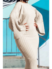 Elastic Knitted Dress Solid Round Neck Flare Sleeves Slim Knitted Dress