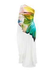 Flower Printed Maxi One-shoulder High Waist A-line Dress