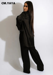 Satin Long Sleeve Shirt with Bra and Wide Leg Pants