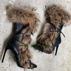 Black Pointed-Toe Furry Calf Cross Strap Slip-On Warm Boots