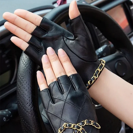 Genuine Leather Motorcycle Biker Fashion Half Finger Gloves