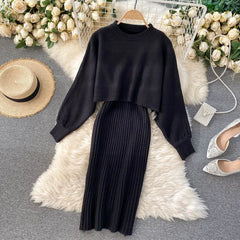 Sweater Midi Dress Casual Pullover O-neck Long Sleeve Knitted Solid Slim Set