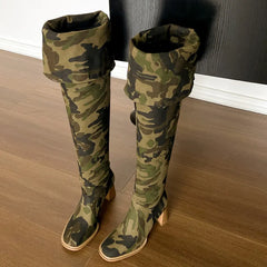 Camouflage Denim Thick Heel Folding Over-the-Knee Boots