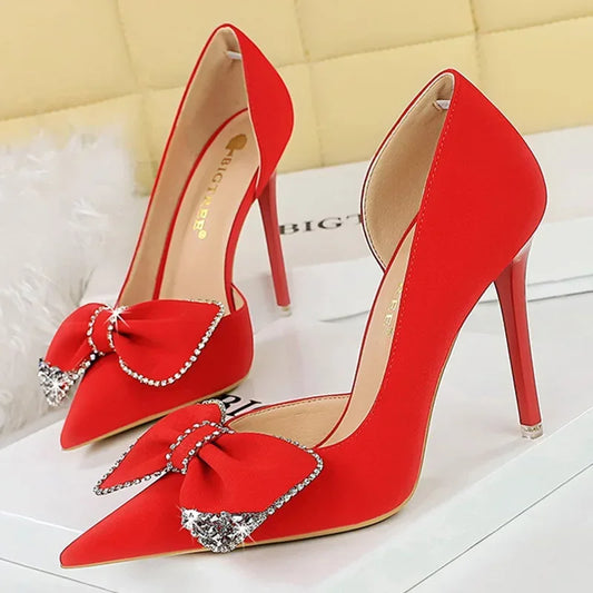 Plus Size Rhinestone Bowknot Red Orange Side Hollow Heels