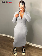 Hooded Long Sleeve Maxi Bodycon Dress