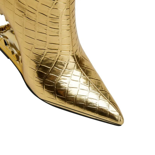 Gold Silver Tiger Teeth Heel  Short Pointed Boots