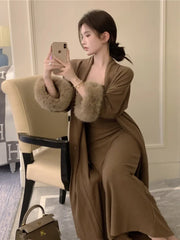 Casual Cardigan Long Loose Knitted Solid Color Two-piece Set