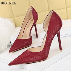 Snake Print Pointy Toe Sexy Side Hollow Stiletto High Heels