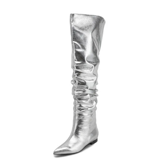 Flat Bottomed Knee High Silver Boots