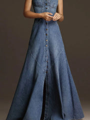 Denim Vintage Square Collar High Waisted Maxi Dress