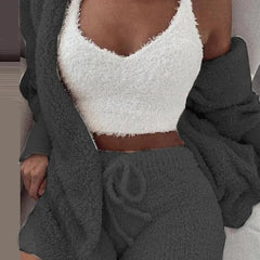 Comfortable Knit Pajama Set Crop-top with V-neck Winter Plush Loungewear Casual 3-Piece Set Long Sleeve Shorts Sports