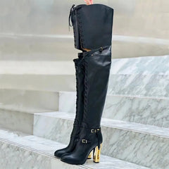 Strappy Hollow Buckle Decoration Black Over Knee Boots 1