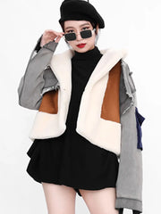 Wool Lined Wide Waisted Turn Down Collar Slim Patchwork Woolen Jacket