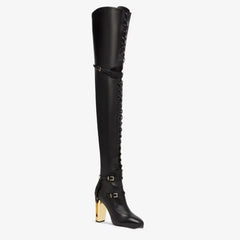 Strappy Hollow Buckle Decoration Black Over Knee Boots 1