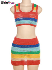 Colorful Knit Women 2Piece Set Patchwork Skinny Stretch Tank Tops+Peach Hip Skirt Set