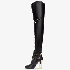 Strappy Hollow Buckle Decoration Black Over Knee Boots 1