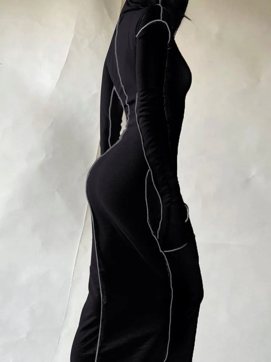 Hooded Winter Collar Striped Bodycon Elegant Long Sleeve Sweat Dress