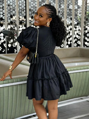 A-line Dress Puff Sleeves Above Knee Length Sexy Black Ruffle Dress