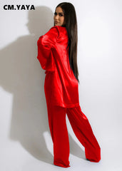 Satin Long Sleeve Shirt with Bra and Wide Leg Pants