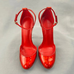 Shiny Red Patent Leather Ankle Strap 12cm High Heels