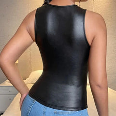 🔥 Y2K Sexy Black Leather Crop Top – Slim Fit Tank for Club, or Party Fashion! 🔥