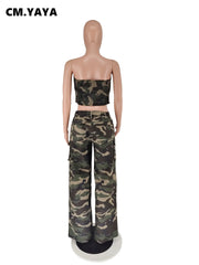 Camouflage Strapless Crop Top and Wide Leg Pants Set