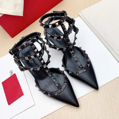 Leather Gladiator Rivet High-heeled Three Straps Heels