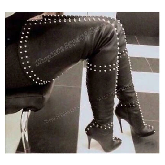 Black Rivet Decor Over the Knee Pointed Toe Stiletto Heel Side Zipper Boots