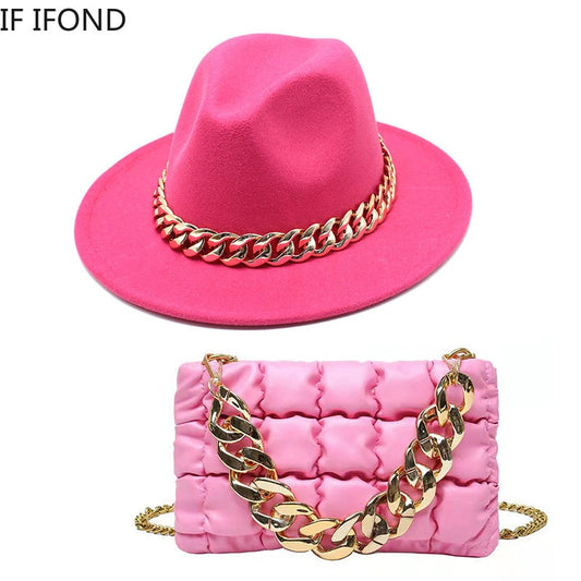 Women Oversized Chain Accessory Bag And Fedoras Hat 2-piece Sets 2022 Fashion Luxury Party Wedding Jazz Hat шляпа