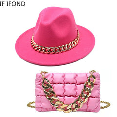 Women Oversized Chain Accessory Bag And Fedoras Hat 2-piece Sets 2022 Fashion Luxury Party Wedding Jazz Hat шляпа