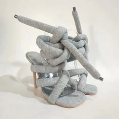 Grey/Silvery Feet Ring Winding Tape Sandals Square Toe  High Heels