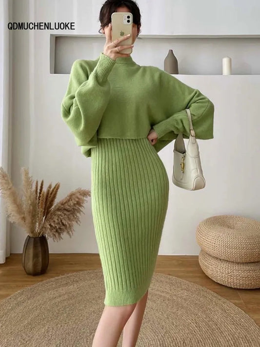 Two Piece Solid Color Sweater Long Sleeved O-neck  Set