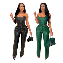 PU Leather 2 Piece Sleeveless Tube Strapless Crop Top and Wide Leg Pants Set