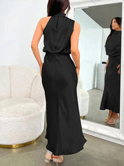 High-End Silk Satin Sleeveless Long Dress