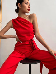 White One shoulder Jumpsuits Women Sexy Backless Sleeveless Wide Leg Pants Jumpsuit 2023 Ladies Casual Lace Up Streetwear Romper