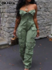 Strapless Button Front Ruched Cargo Jumpsuit Romper