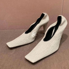 Retro Soft Leather Pleated Square Toe Pumps