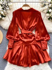 Satin Deep V Neck Bandage Lantern Sleeve Pleated Wrap Dress