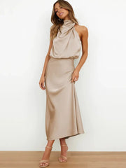 High-End Silk Satin Sleeveless Long Dress