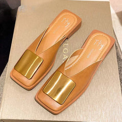 Metal Buckle Square Toe Mules